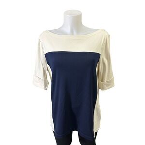 LAUREN Ralph Lauren Boat Neck Cuffed Short Sleeve Top‎ Navy White Nautical XLNew